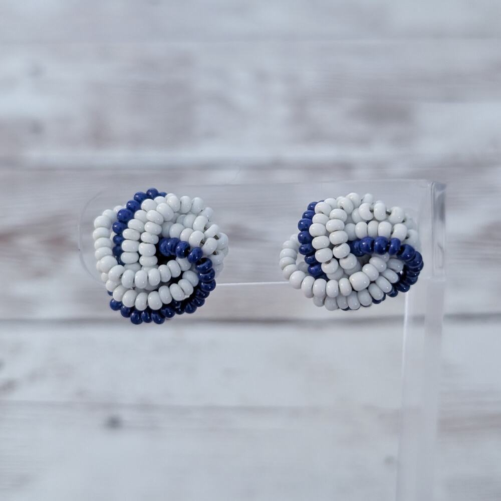 Vintage Clip On Earrings Beaded Wrap White & Blue